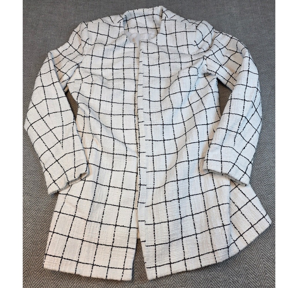 White Black Windowpane Grid Longline Tweed Jacket Collarless Open Front Coat